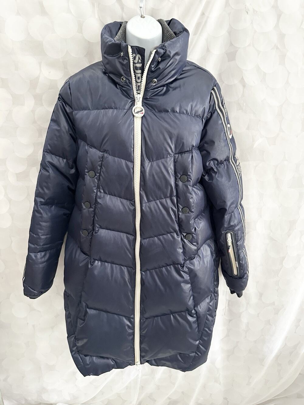 SUPERDRY Japan 10 Glossy Blue Long DOWN Glacier Isobar Stadium Commuter Coat